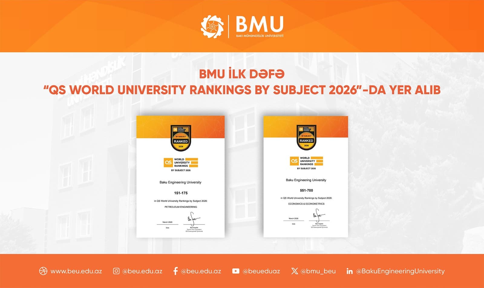 BEU Featured in "QS World University Rankings by Subject 2026" for the First Time